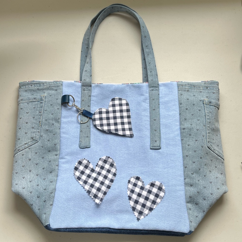Handmade One Of A Kind Denim Heart Accents Upcycled Fabric Shoulder Tote Bag 💙 - Picture 3 of 11